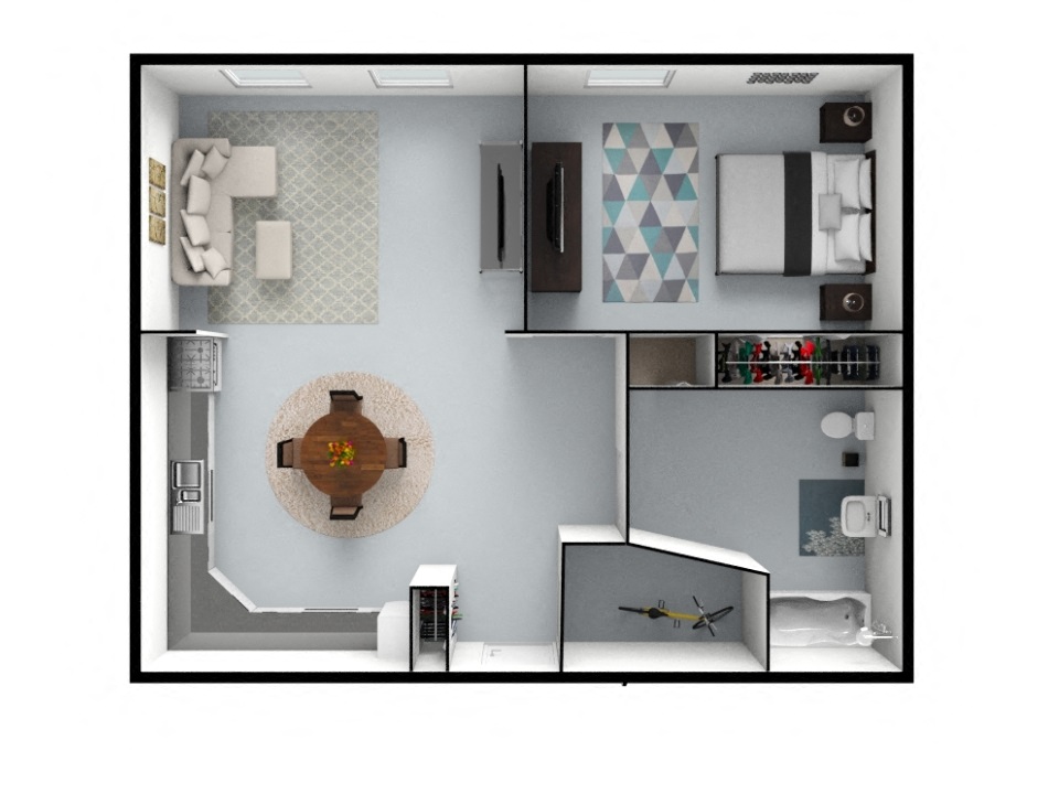 Floor plan for 1 bed, 1 bath, 645 sqft